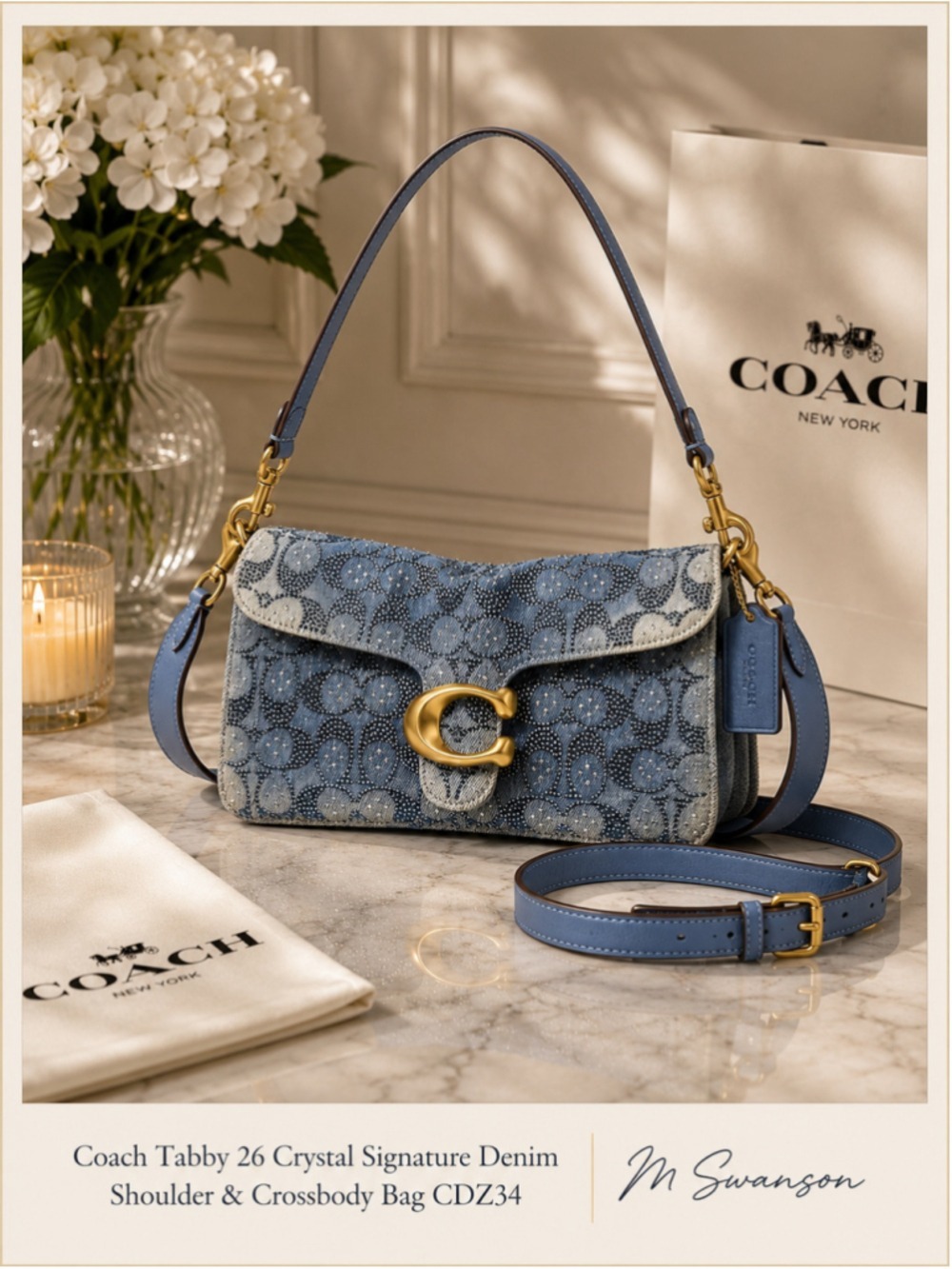 NEW Coach 26 Blue Denim Crystal Signature Tabby Shoulder & Crossbody Bag CDZ3